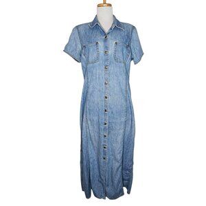 VTG Liz Claiborne Denim Midi Shirt Dress Short Slv Buttoned Cottagecore 90s M
